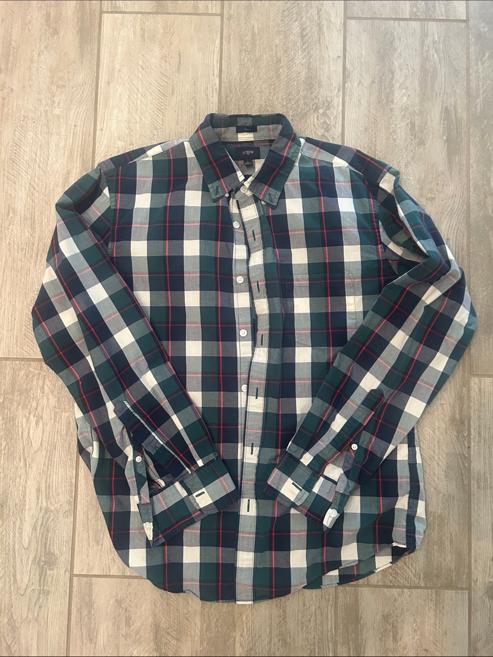 J. Crew Green, Navy & White Plaid Button-Down Shirt